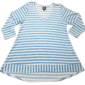 Bobeau Top XL Rayon 3/4 Sleeve Hi-low Relaxed Fit Tunic Stripe Blue Womens Size